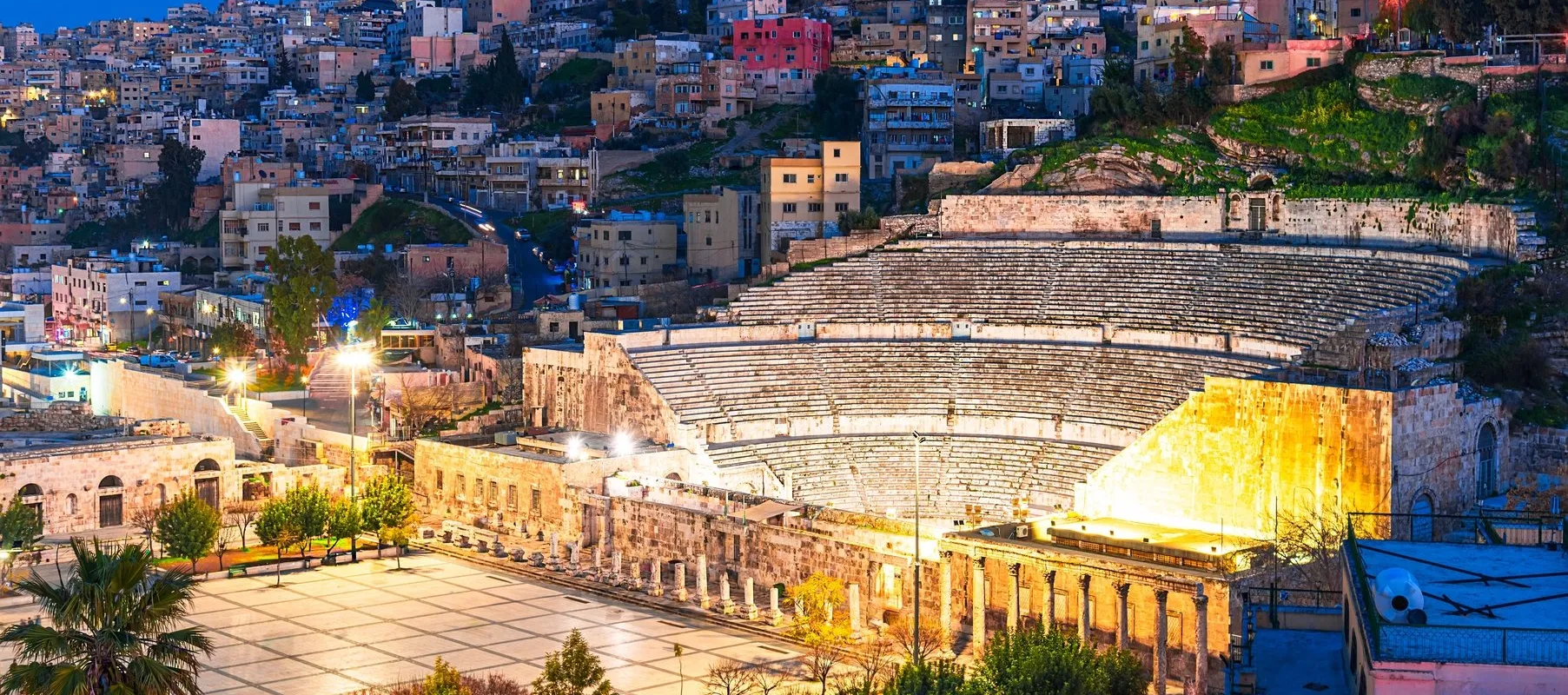Panoramic view of Amman cityscape with the ancient Citadel and Roman Theatre